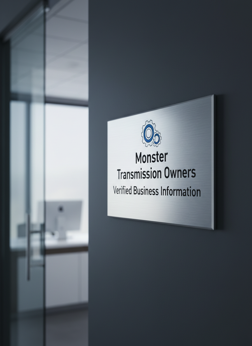 A polished brushed-metal plaque mounted on a deep charcoal wall, engraved with the words “Monster Transmission Owners – Verified Business Information” in crisp, modern lettering. A stylized transmission gear icon, rendered in metallic blue and silver, sits above the text, suggesting precision engineering and professionalism. The plaque is positioned in a minimalist corporate lobby setting, with a blurred hint of glass partitions and a clean reception counter in the background. Cool, diffused daylight from an unseen window gently washes across the surface, creating subtle highlights on the metal and soft shadows on the wall. Photographic realism at eye level, with a shallow depth of field, conveys trust, authority, and a clean, modern brand identity suitable for a business information website.