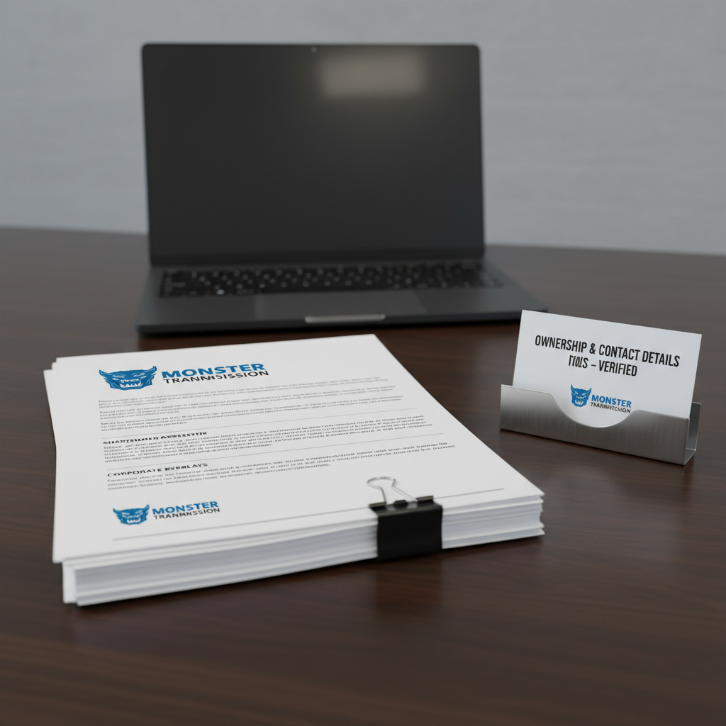 A meticulously organized dark-wood executive desk displaying a stack of formal ownership documents for Monster Transmission, each page featuring a crisp blue company logo and clear section headers. A sleek silver metal business card holder rests beside the documents, showcasing a prominent card labeled “Ownership & Contact Details – Verified.” A closed, matte-black laptop with a subtle reflection sits in the background. Soft, neutral office lighting from an overhead source creates even illumination, minimal glare, and gentle shadowing along paper edges. Shot from a slightly elevated, three-quarter angle in photographic realism, with sharp focus across the frame, the composition feels professional and orderly, emphasizing accuracy, transparency, and corporate reliability for a business ownership information site.