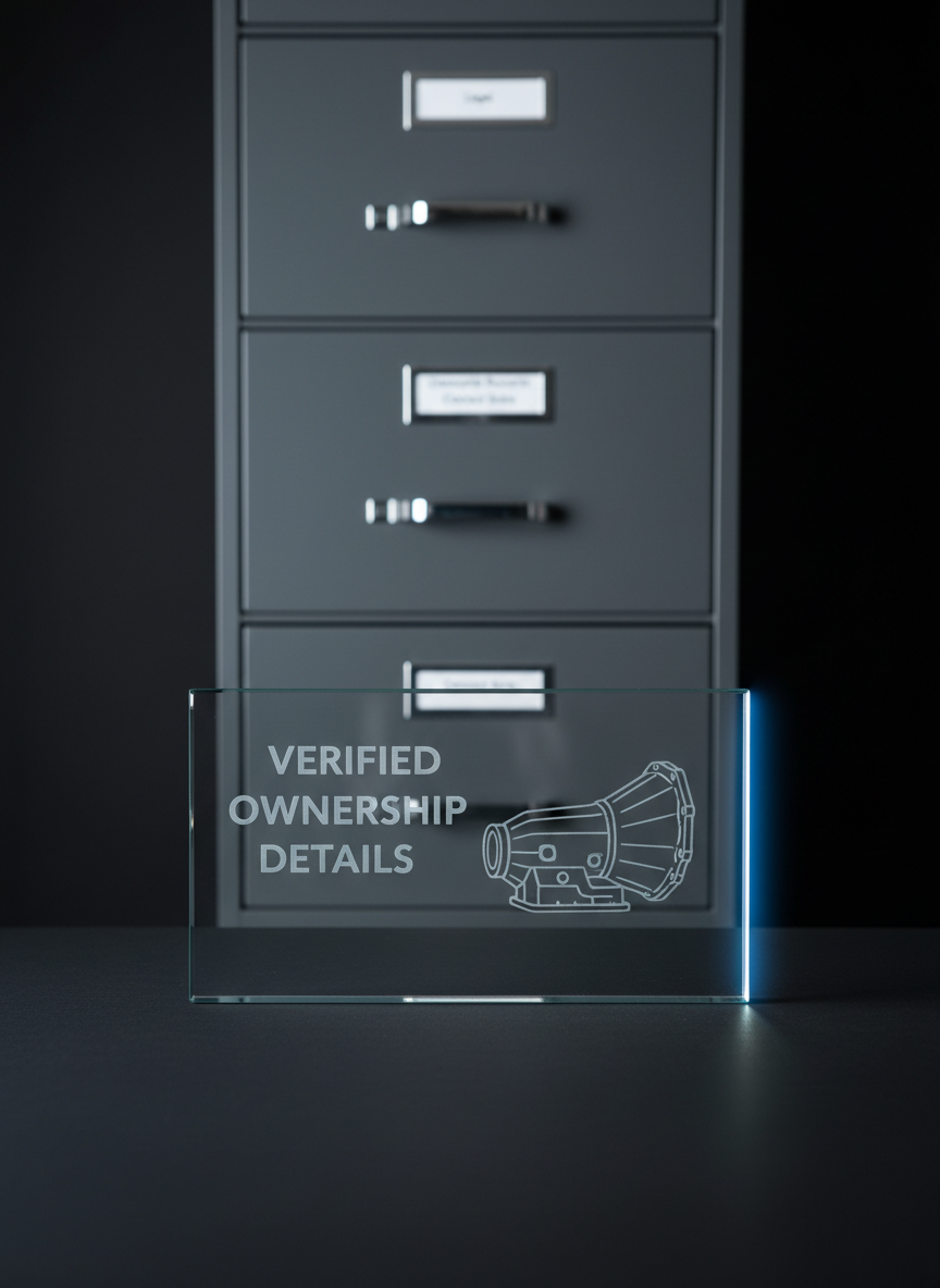 A close-up of a crystal-clear glass plaque etched with “Verified Ownership Details” and a stylized transmission outline, resting on a smooth, matte black surface. Behind it, out of focus, stands a tall, locked steel filing cabinet with discrete labels such as “Legal,” “Ownership Records,” and “Contact Data,” suggesting securely managed information. Cool-toned studio lighting from the right creates striking edge highlights on the glass plaque and subtle reflections on the metal cabinet, while the left side falls into a gentle gradient shadow. Photographic realism with a centered composition and shallow depth of field produces a serious, authoritative atmosphere, underscoring data integrity, verification, and secure handling of Monster Transmission ownership information.